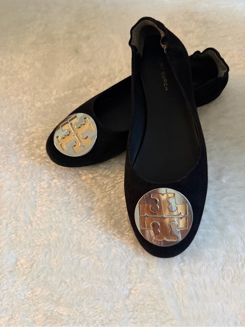 Tory Burch Black Suede Logo Round-Toe Ballet Flats(NWOT)